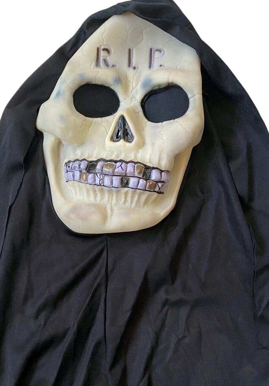 Vtg Fun World Grim Reaper Mask Glow Dark Gold Teeth Shroud Skull 9205 Halloween